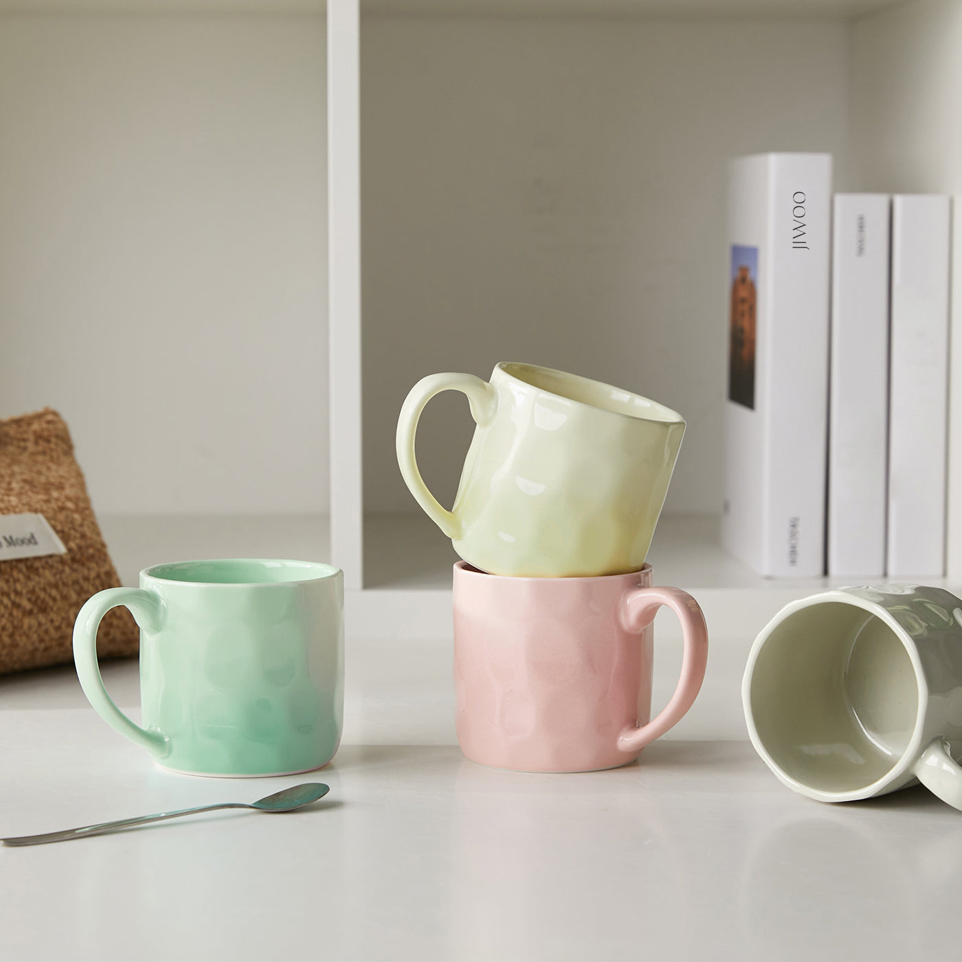 JIWOO-Cream, 4pcs, 360ml 8,5cm Tasse, Mikrowellengeeignet und Spülmaschinengeeignet