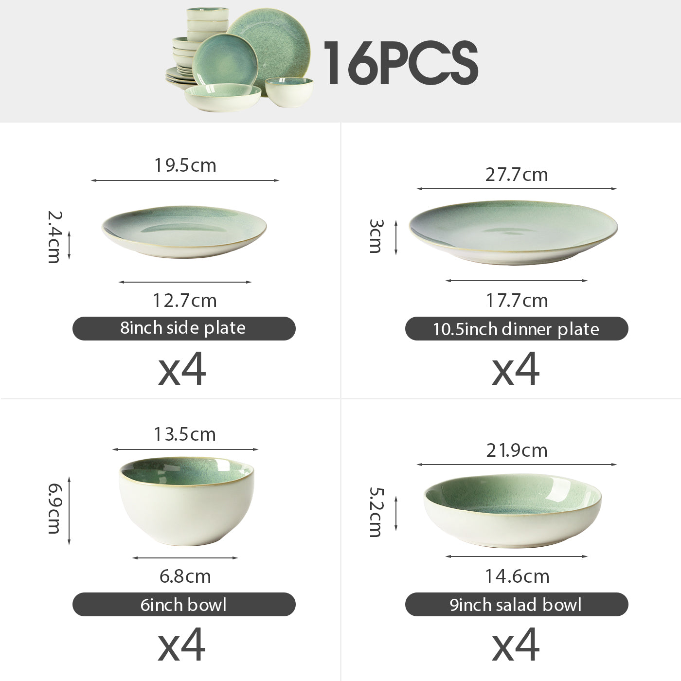 JIWOO-Lovina, 16pcs Essensset, Mikrowellengeeignet und Spülmaschinengeeignet