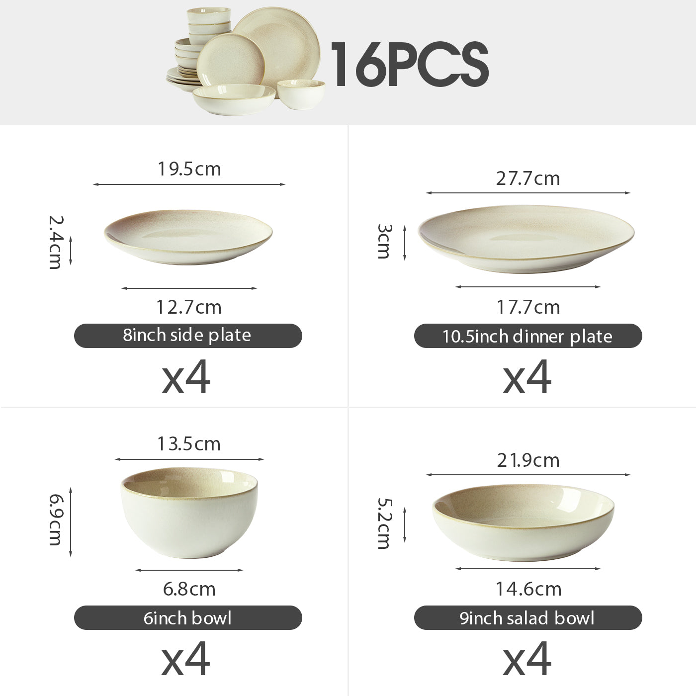 JIWOO-Lovina, 16pcs Essensset, Mikrowellengeeignet und Spülmaschinengeeignet