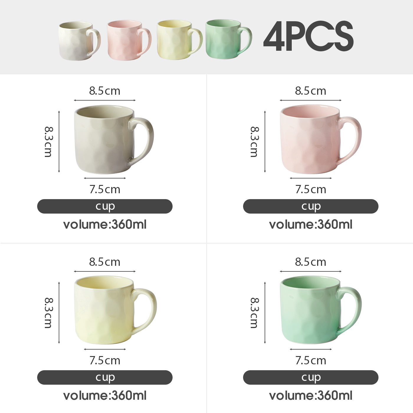 JIWOO-Cream, 4pcs, 360ml 8,5cm Tasse, Mikrowellengeeignet und Spülmaschinengeeignet