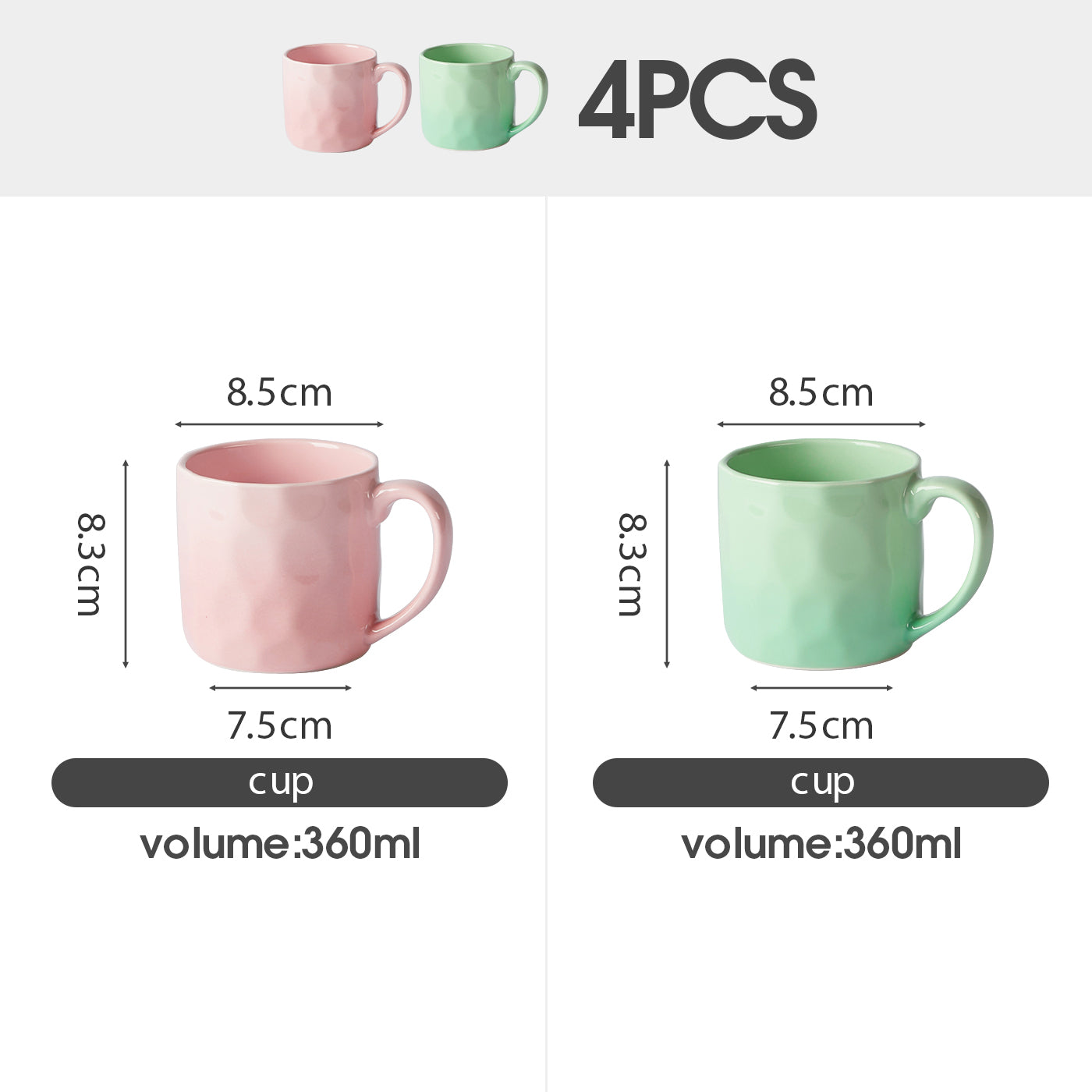 JIWOO-Cream, 4pcs, 360ml 8,5cm Tasse, Mikrowellengeeignet und Spülmaschinengeeignet