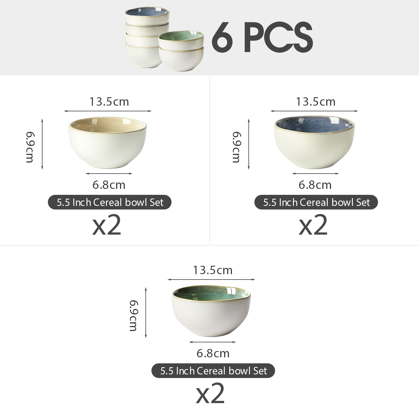 JIWOO-Lovina, 6pcs, 5,5zoll 13,5cm Schale, Mikrowellengeeignet und Spülmaschinengeeignet